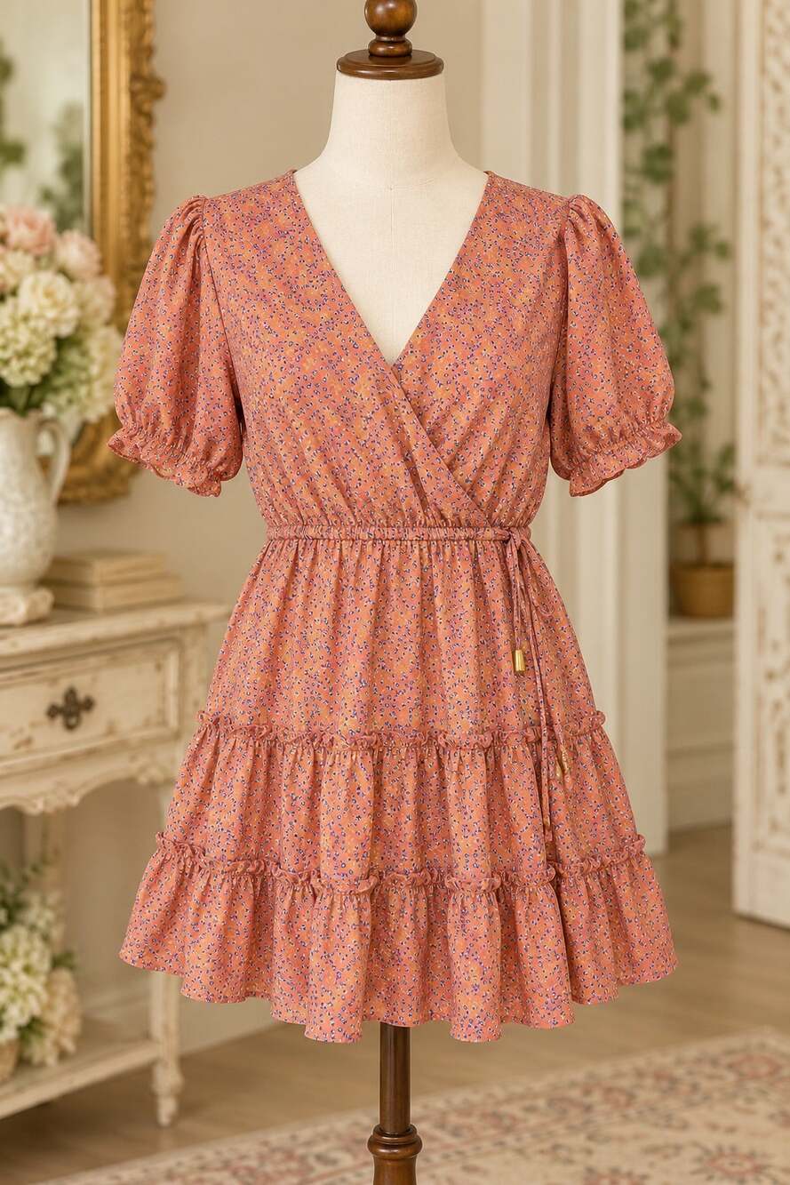 Salt & Sugar Floral Mini Dress Womens L Coral Puff Sleeve Tiered Ruffle Boho